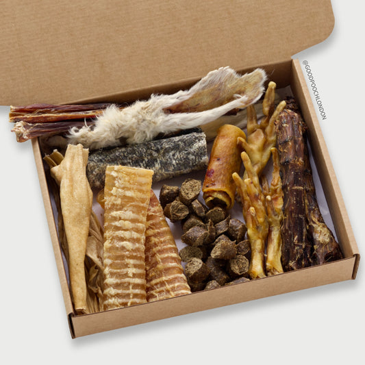 A box of natural air dried dog treats.