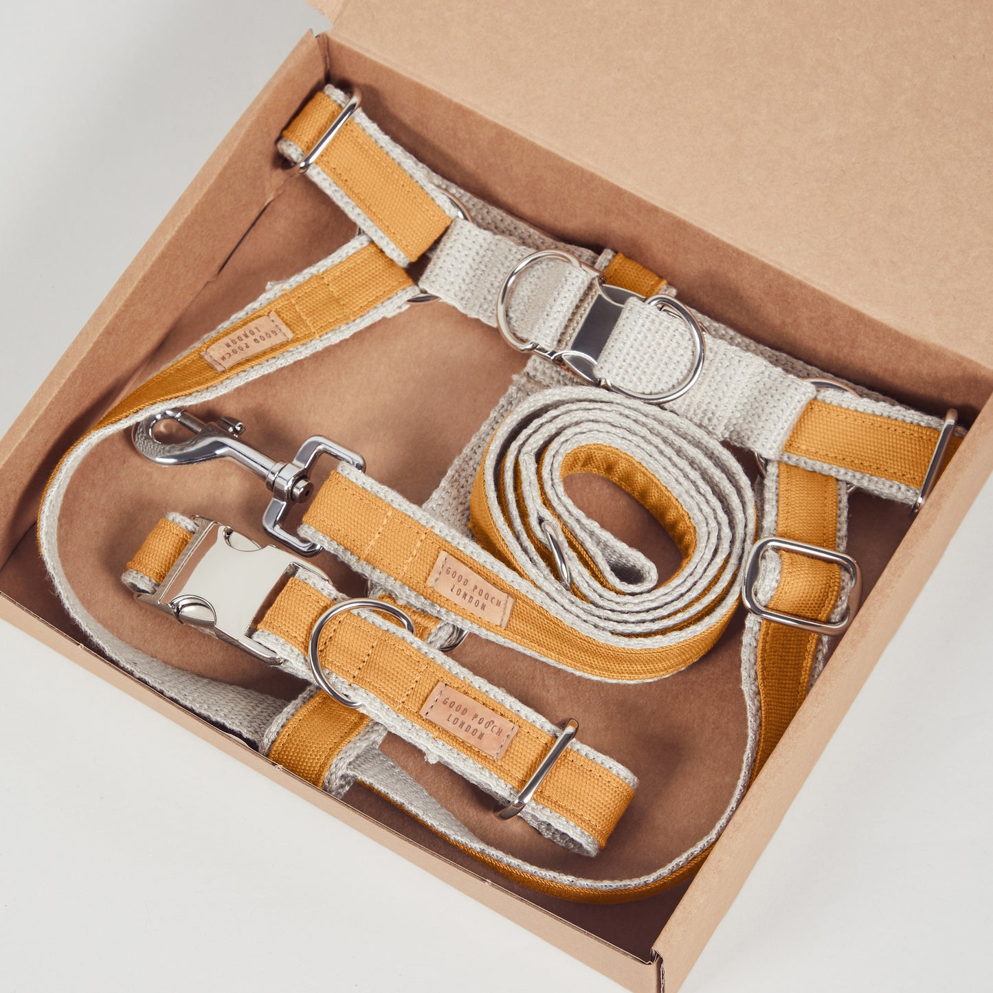 Handmade Mellow Yellow Hemp Dog Collar, Harness & Lead Set
