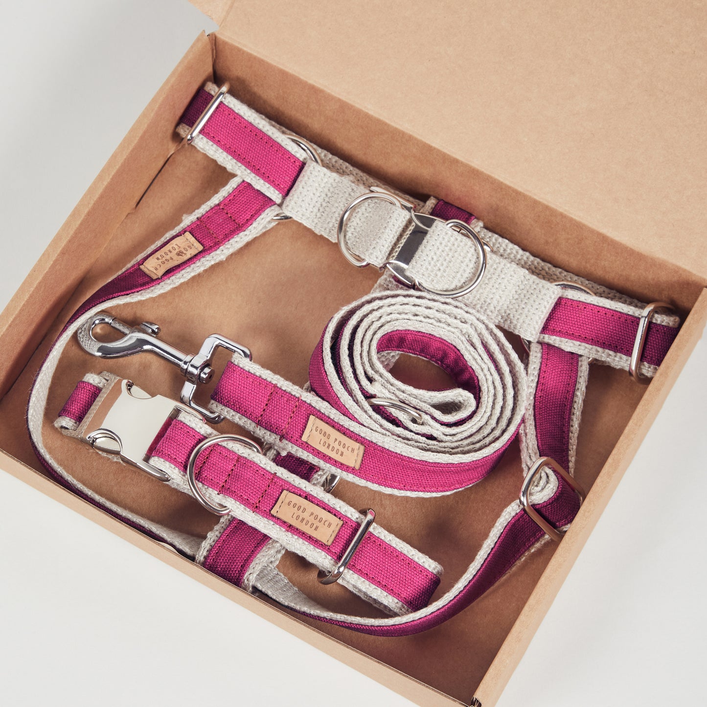 Handmade Pretty In Pink Hemp Dog Collar, Harness & Lead Set
