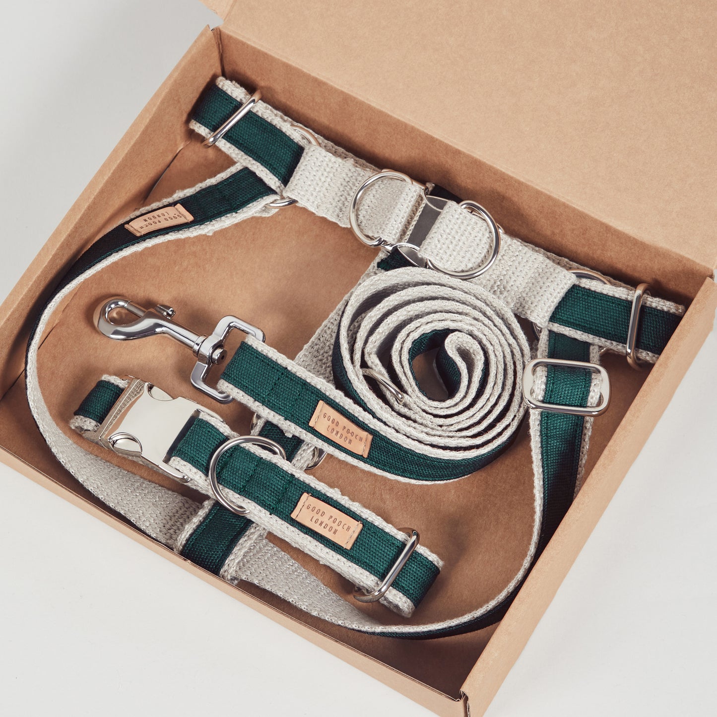 Handmade Teal Green Hemp Dog Collar, Harness & Lead Set